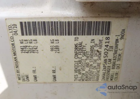 2010 Nissan Altima 2.5 S z USA, uszkodzony, nr VIN 1N4AL2AP5AN502418